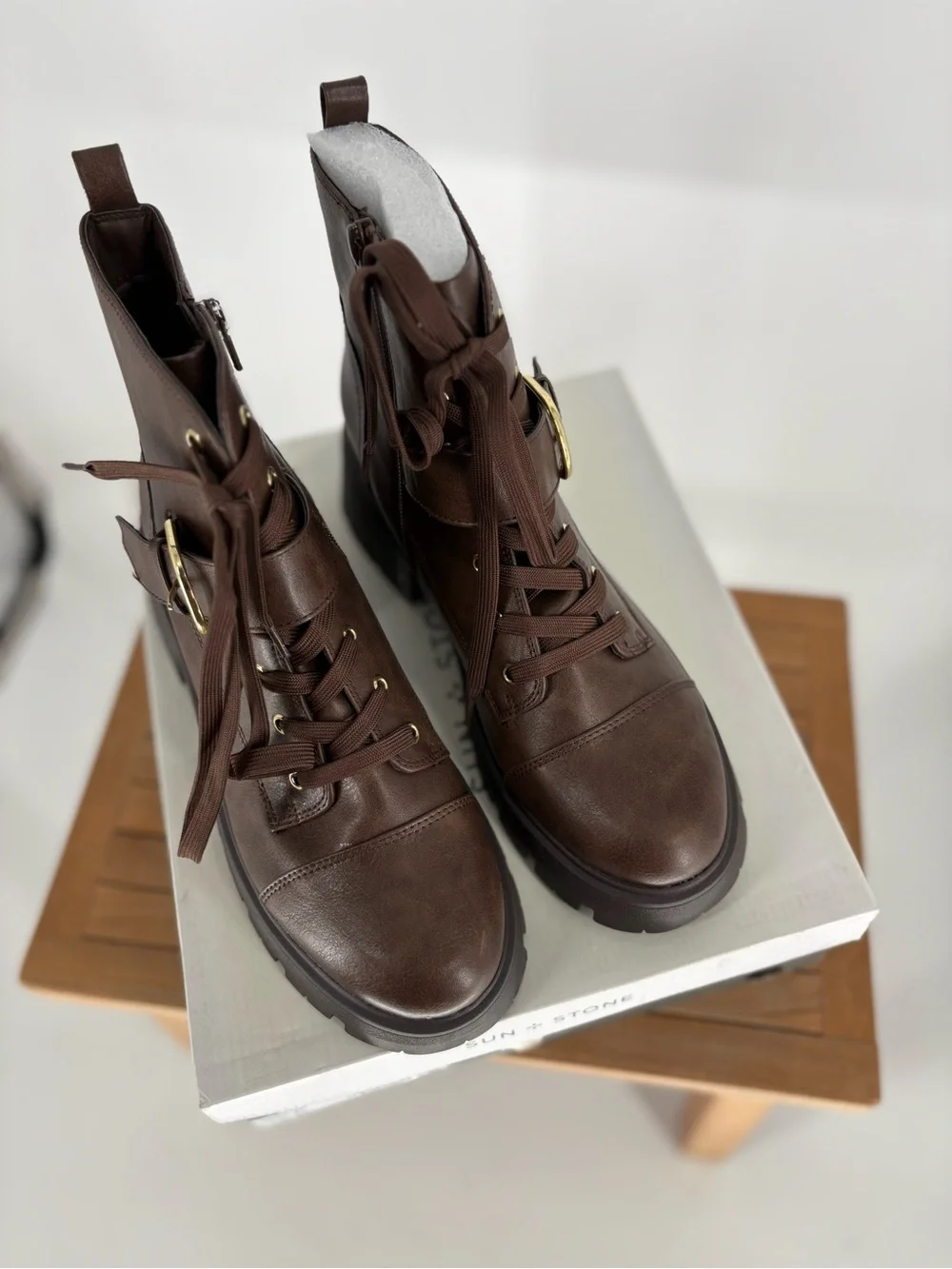 WW Sun & Stone Women's Brown Lace-Up Lug Ankle Boots with Buckle size 10 M_2